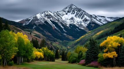 Majestic Snow capped Mountain Peak with Autumnal Foliage and Golf Course