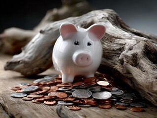 Piggy Bank on Rustic Wood with Pile of Coins Savings Concept Financial Security