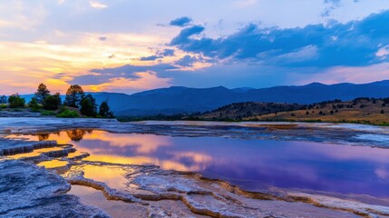 Serene sunset over a tranquil landscape with colorful reflections in water and mountains