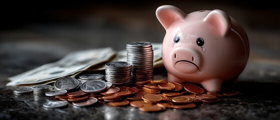 Sad Piggy Bank with Few Coins and Dollar Bills Illustrating Financial Difficulties and Low Savings