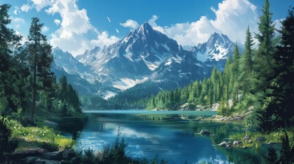 Panoramic view of a mountain lake in the forest