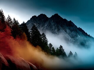 Majestic Mountain Landscape Foggy Peaks Autumnal Forest Dramatic Sky
