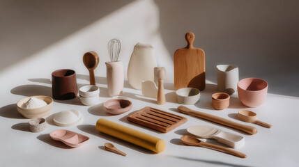 collection of kitchen items and dining utensils on white background softly lit to create gentle shadows