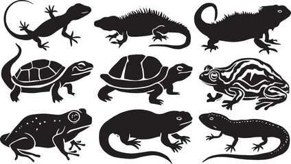 Reptilian Diversity A Silhouette Collection of Lizards Turtles and Frogs Showcasing Wildlife and Nature in Black and White