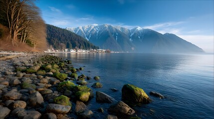 Serene Coastal Landscape Rocky Beach Mountains and Calm Ocean Waters