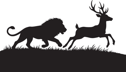 a Lion Black & white silhouette who is hunting a deer