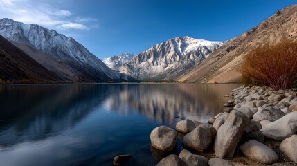 Stunning Serenity Snow capped Mountains Reflected in a Calm Lake