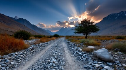 Majestic Mountain Sunset Serene Gravel Road Through Dramatic Landscape