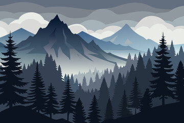 Fototapeta premium Vector Illustration of a Mountain Landscape with Pine Trees and Clouds Depicting a Serene and Misty Wilderness Scene in Shades of Blue and Gray Perfect