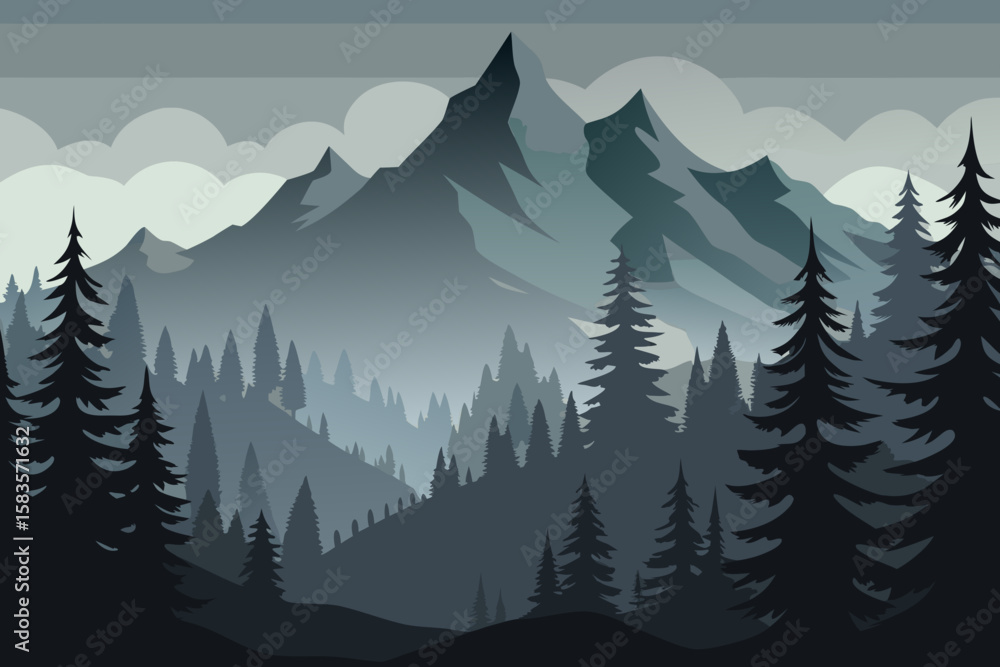 Poster serene mountain landscape with evergreen trees and misty atmosphere featuring a minimalist vector st