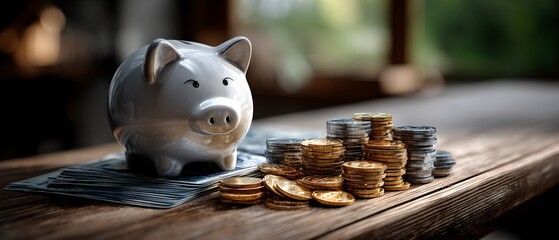 Piggy Bank Coins and Cash on Rustic Wooden Table Financial Savings Concept