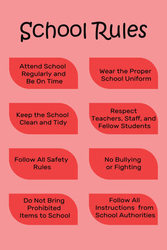 Illustrated school rules poster emphasizing discipline, punctuality, safety, and respectful behavior for students.