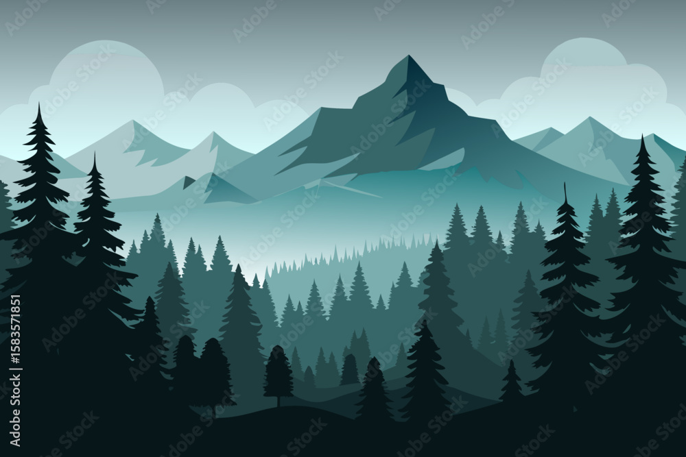 Poster vector illustration of a mountain range with a dense forest in the foreground creating a serene and 