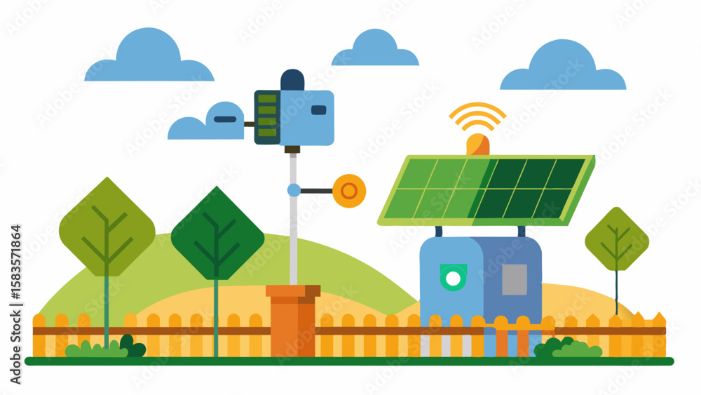 Aufkleber an automated farm fence equipped with solar panels for powering the sensors and alarms making it eco