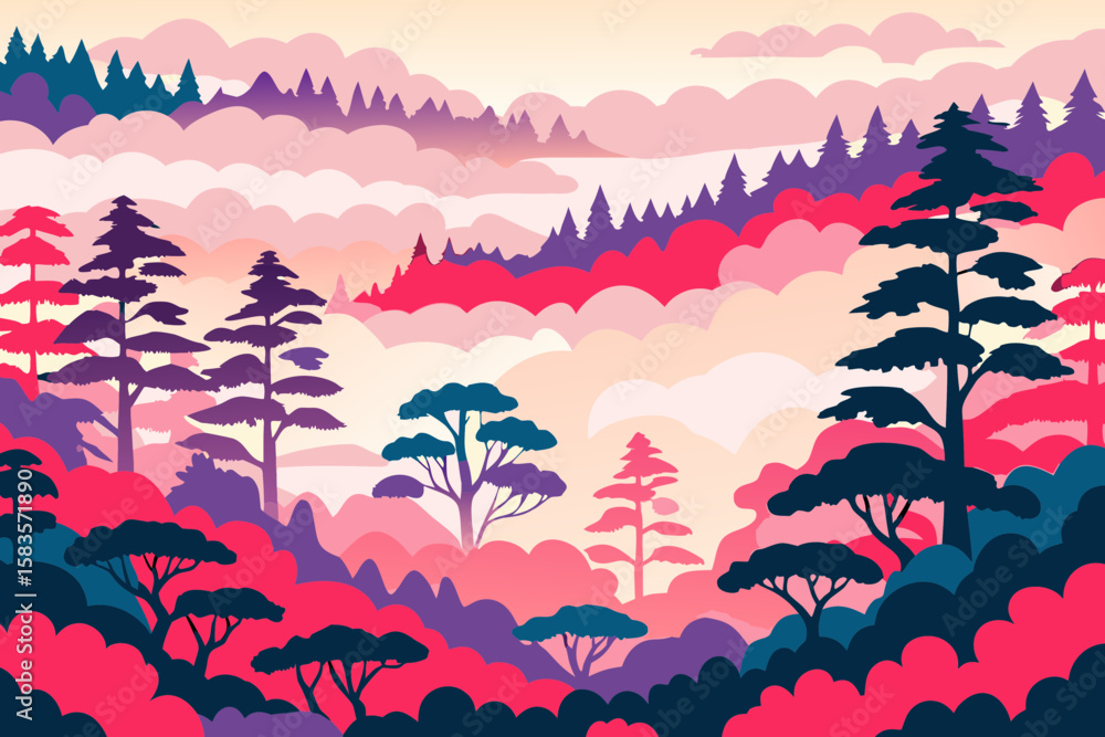 Poster stylized landscape with colorful trees and mountains a whimsical illustration of a vibrant forest wi