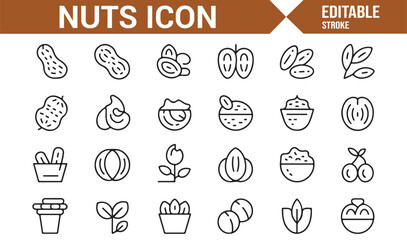 Simple Nut Icons Set for Healthy Snacks, Foods, and Plant-based Diet