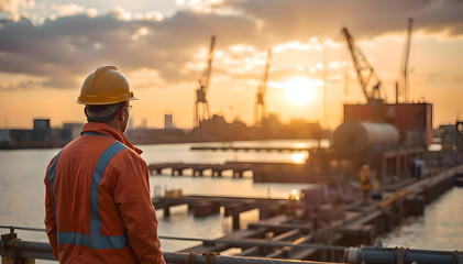 Worker observes sunset over industrial harbor with cranes and boats during evening hours