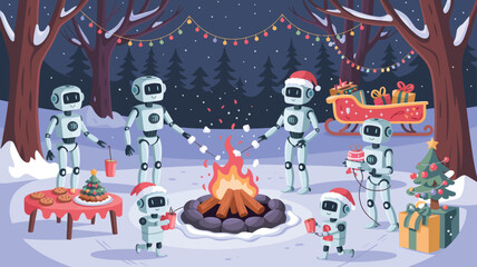 "AI Robots Celebrating Christmas Eve Around a Bonfire Under Starry Night Sky with Hanging String Lights and Snow-Covered Trees in Peaceful Futuristic Winter Setting