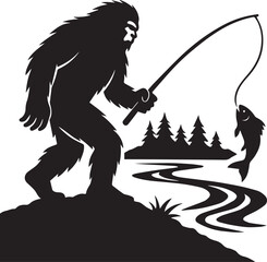 Bigfoot Yeti Black & white silhouette who is catching fish from a river