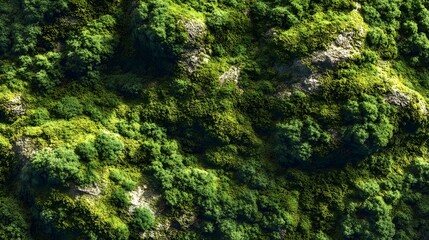 Abstract forest green moss texture background realistic organic details natural shadows diffused daylight lighting and photo realistic crisp resolution viewed from a top down perspective
