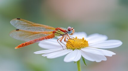 A vibrant dragonfly rests delicately on a white daisy flower.  Soft focus background