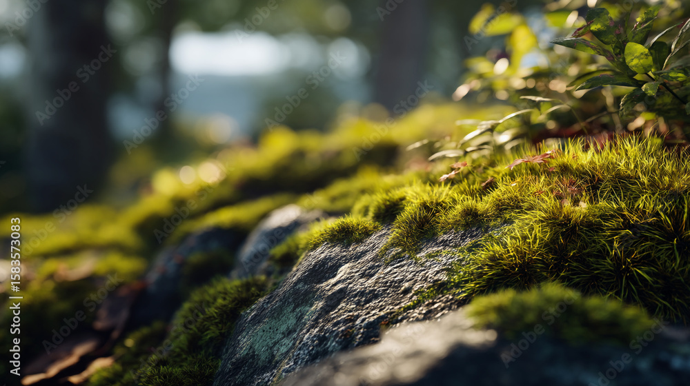 Poster a close up view of moss covered rocks and foliage in a forest with sunlight in the background