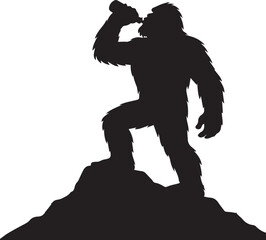 Bigfoot Yeti Black & white silhouette who is drinking water from bottle in the top of the mountain