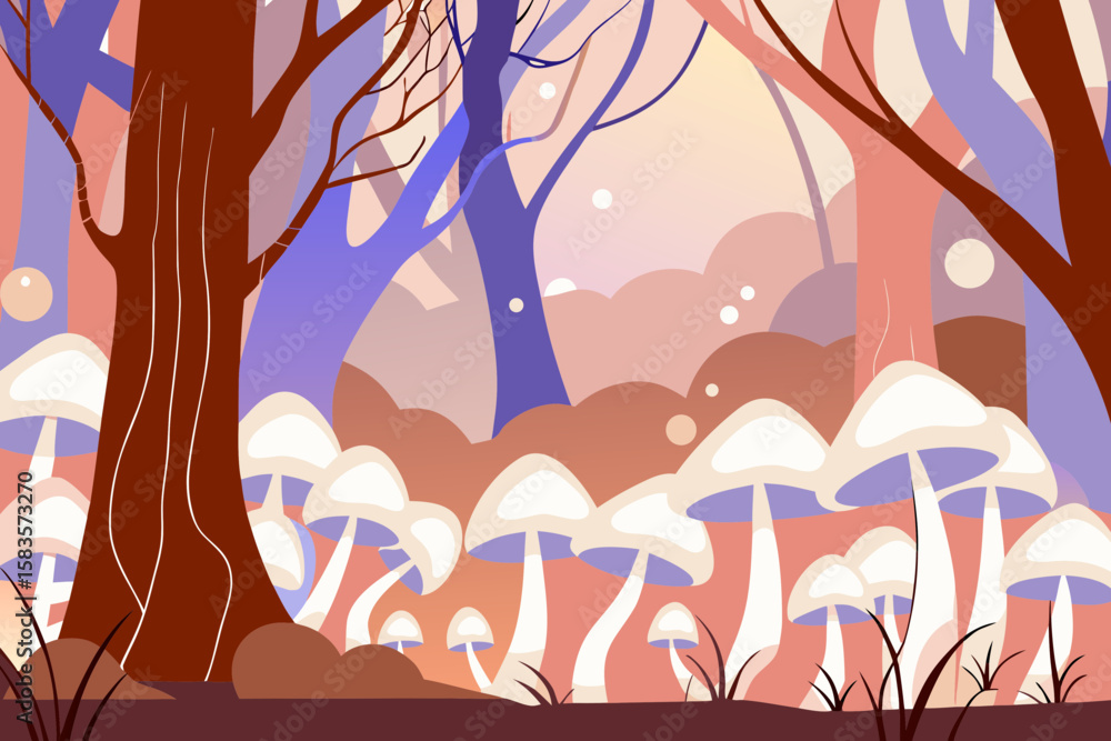 Poster whimsical forest scene with mushrooms and trees in pastel colors creating a dreamy and magical atmos