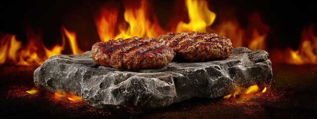 grilled meat patties served on a rocky stone slab plate. aspect ratio 8:3
