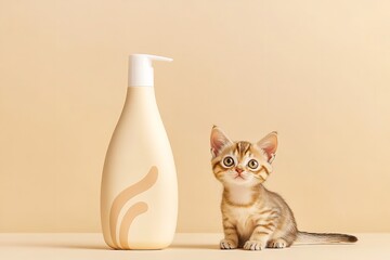 Over pale beige setting cat and cat shampoo stand erect depicting notions of pet washing and animal sanitary care lovely hue, Generative AI.