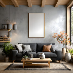 Frame mockup, ISO A paper size. Living room wall poster mockup. Interior mockup with house background. Modern interior design. 3D render