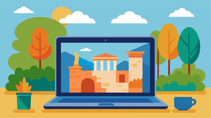 The laptops screen displays stunning photos of artifacts and artworks from the museum enticing visitors to explore further as they relax in the courtyard.. Vector illustration