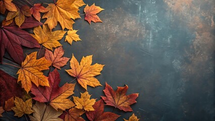 Autumn maple leaves in vibrant red and orange hues scattered on a dark textured background