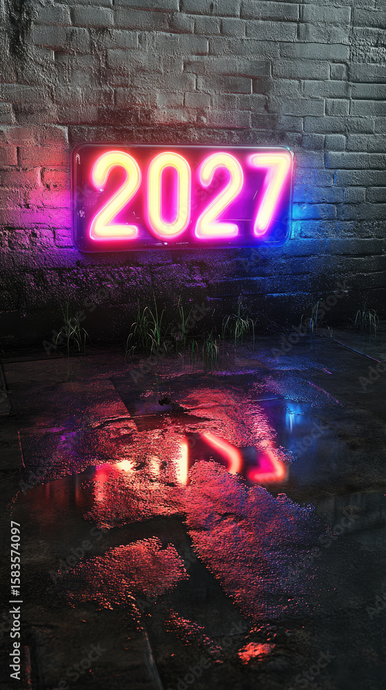 Poster neon sign displaying the year 2027 on a wet pavement with reflections and a textured wall background
