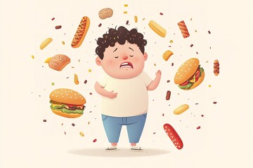Over pale beige setting obese boy is standing erect and appears distressed while fast food flies around him bullying artwork hue, Generative AI.