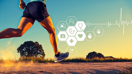 Runner jogging outdoors with health technology icons overlay and heart rate data