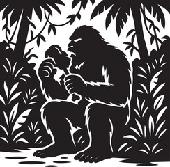 Bigfoot Yeti Black & white silhouette who is eating meat on the jungle