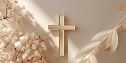 minimal soft background with white flowers and cross — ideal for Christian-themed designs, Easter or funeral announcements, sympathy cards, memorial visuals, or spiritual blog headers