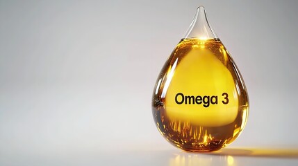 Over stark white setting ample drop of golden oil with the words Omega 3 depict skin regrowth and healing body lovely hue, Generative AI.