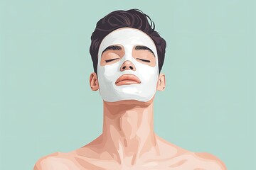 A shot of male applying sheet mask to his face over pale green setting  depicts notion of self-love and easing skincare for men hue, Generative AI.