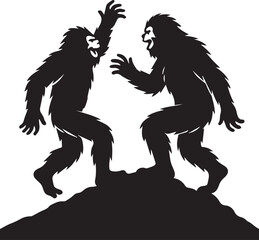 Bigfoot Yeti Black & white silhouette who is playing with another yeti on the top of a hill