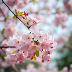 Pink cherry blossoms blooming on a tree in spring garden
