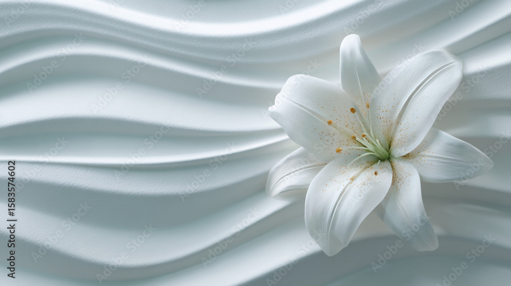 Poster a white lily flower resting on a textured white surface with soft wavy lines in a minimalist style