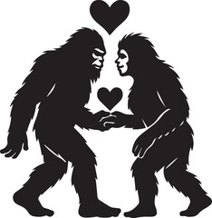 Bigfoot Yeti Black & white silhouette who is sharing love with another female yeti