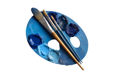 Artist s palette with blue paints and brushes isolated on transparent background