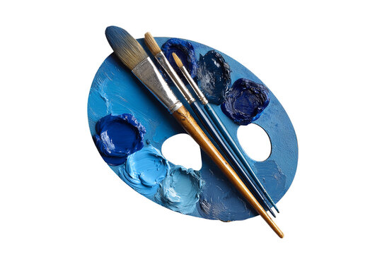 Artist s palette with blue paints and brushes isolated on transparent background