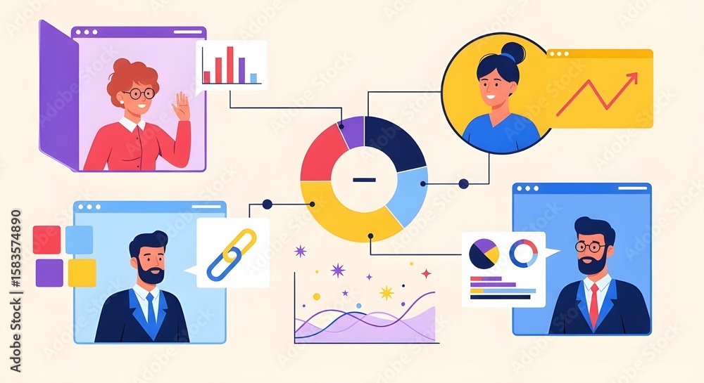 Aufkleber online meeting and data analytics diagram | virtual collaboration and business reporting illustratio