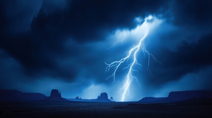 Dramatic lightning strikes over a vast desert landscape with dark storm clouds looming