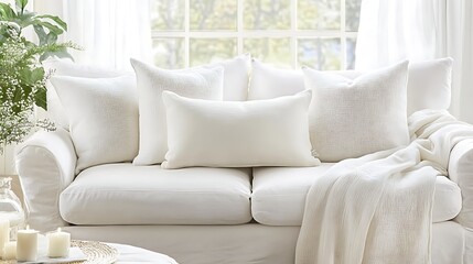 White sofa and pillows by a window