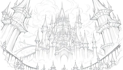 Obraz premium Detailed line drawing of a majestic fantasy castle complex.